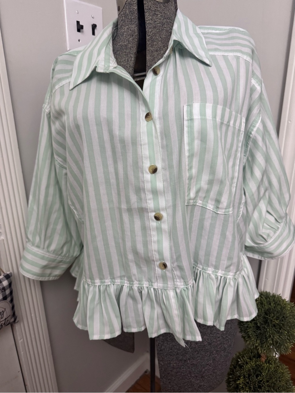 Women’s Velvet Heart Green & White Striped Ruffle Hem Button-Up Top Large